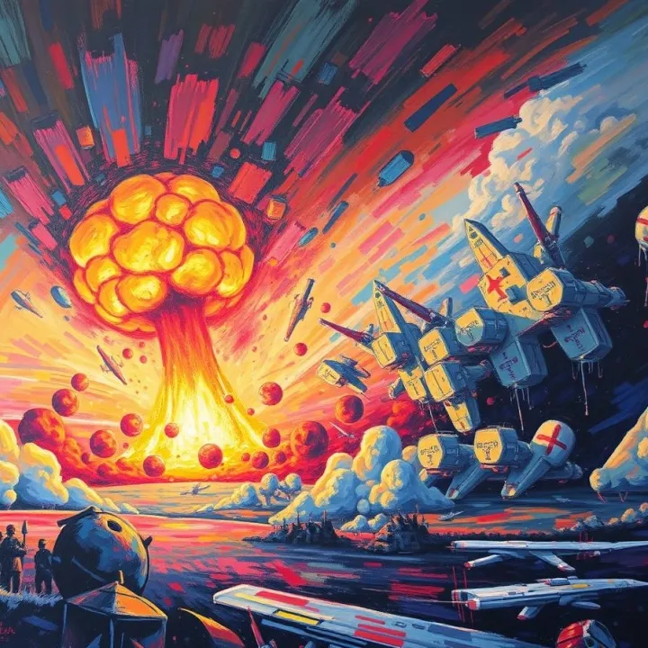 Surprise nuclear attack of the Cold War era, acrylic painting