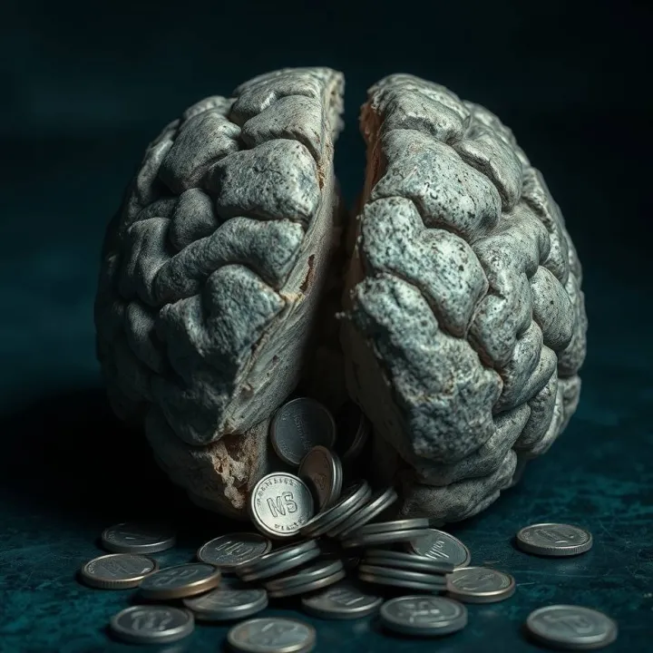 Cracked human brain, silver coins symbolizing wealth shock