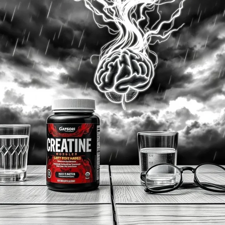 Creatine supplement on a wooden table beside water glasses and reading glasses, with a glowing brain drawn in storm clouds above, symbolizing the link between muscle fuel and brain power.
