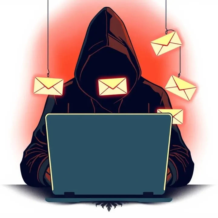 Symbolic hacker fishing for glowing email-shaped fish over laptop, representing phishing attacks and user awareness.