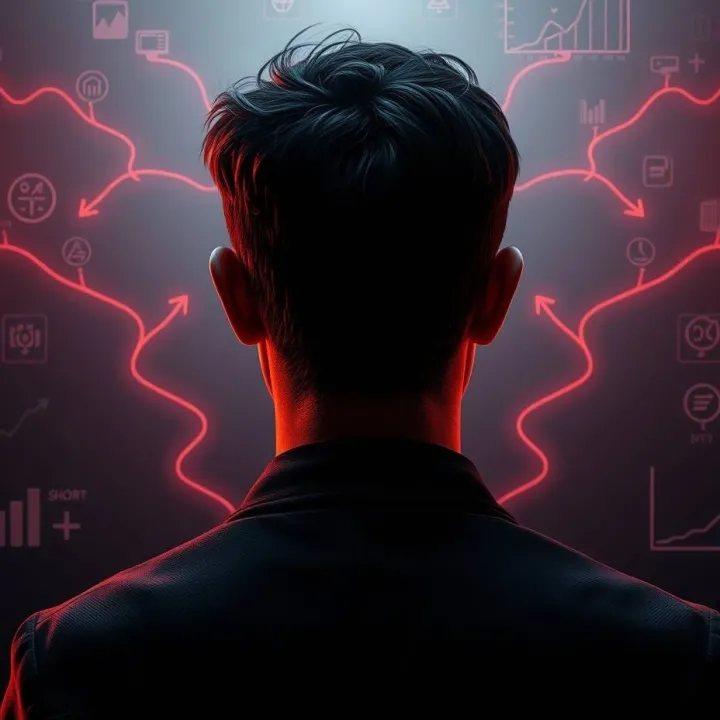 Person choosing between long-term paths with illuminated decision pathways and cognitive decision cues.
