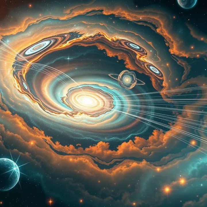 Cosmic scene showing galaxies and gravitational distortions used to test whether dark matter follows gravity alone.