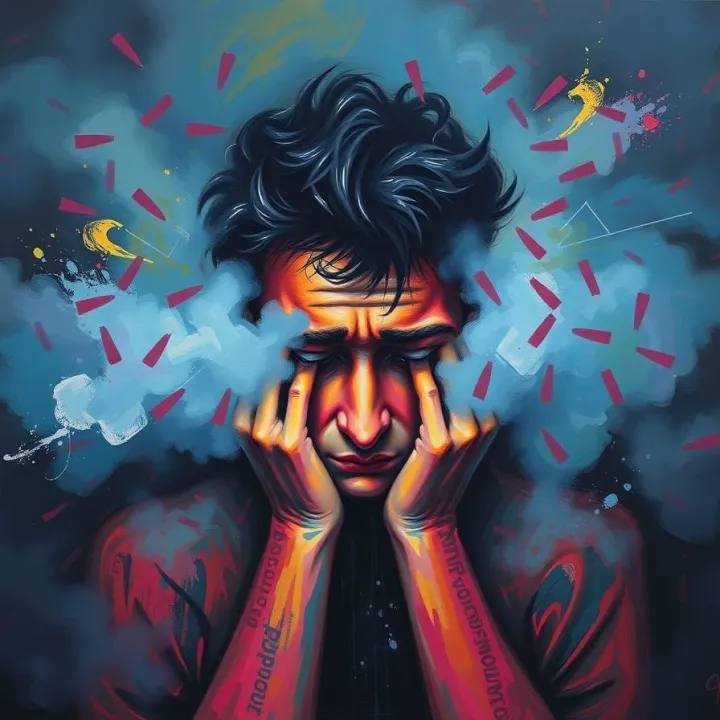 Symbolic painting of depressed person, rendered with vibrant colors, textured brushstrokes, and enveloped by thick foggy surroundings and low visibility