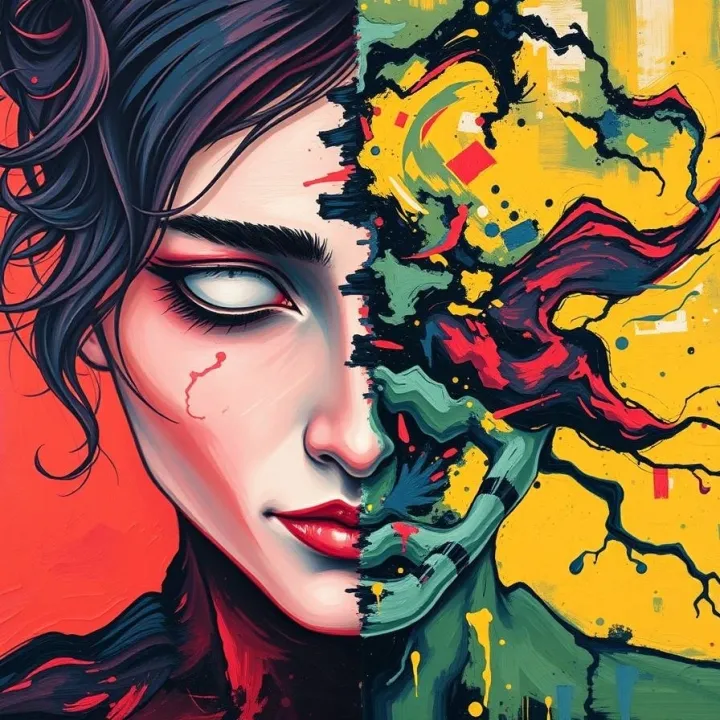Bold acrylic painting of the code of depression and bipolar disorder, featuring graceful, elegant strokes, refined features, vibrant colors, and textured brushwork