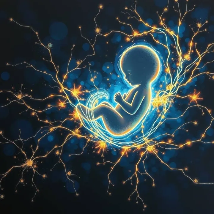 glowing neural network forming around a developing fetus silhouette symbolizing prenatal brain development and connectivity