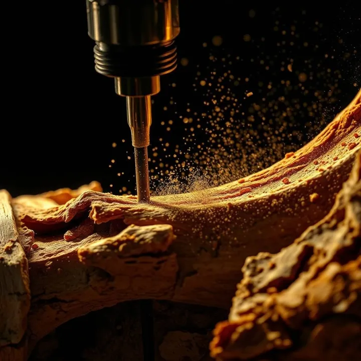 Scientist drilling ancient bone to extract DNA, symbolizing fusion of archaeology, genetics, and modern discovery.