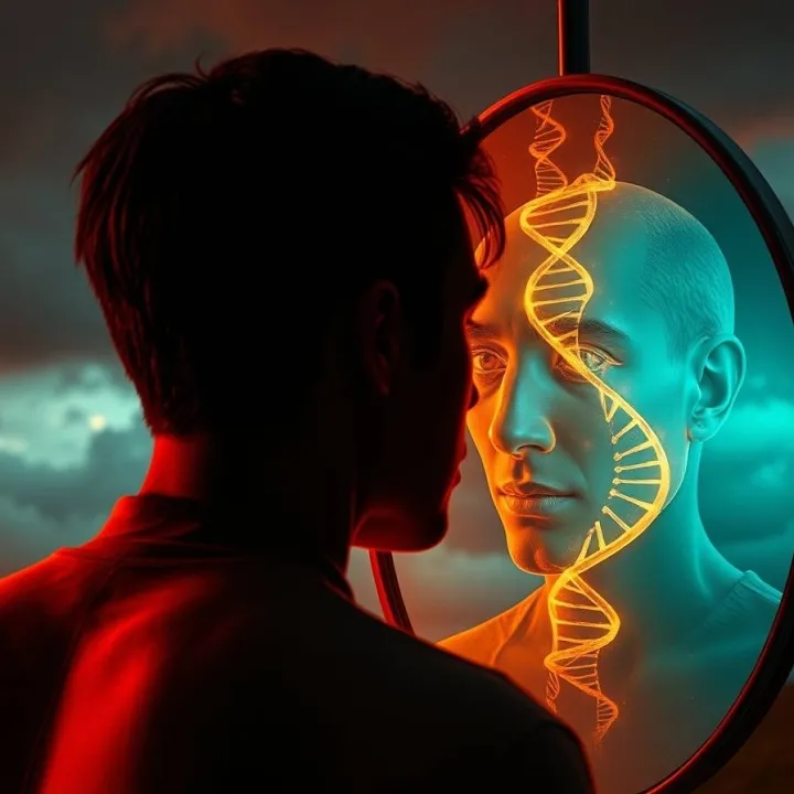 man looking into mirror with glowing DNA reflection symbolizing discovery of genetic origins and self-identity