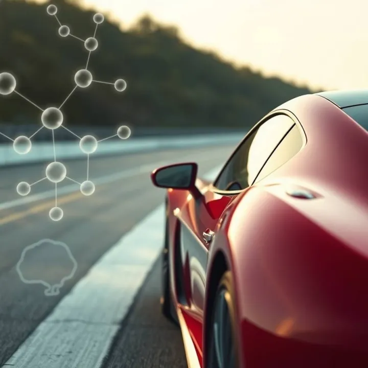Red sports car on highway with molecular THC graphics symbolizing cannabis driving performance research.