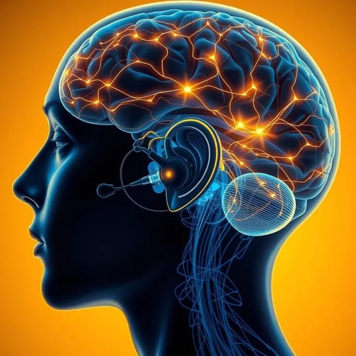 Inner ear connected to glowing brain pathways illustrating link between hearing loss, brain aging, and dementia risk.