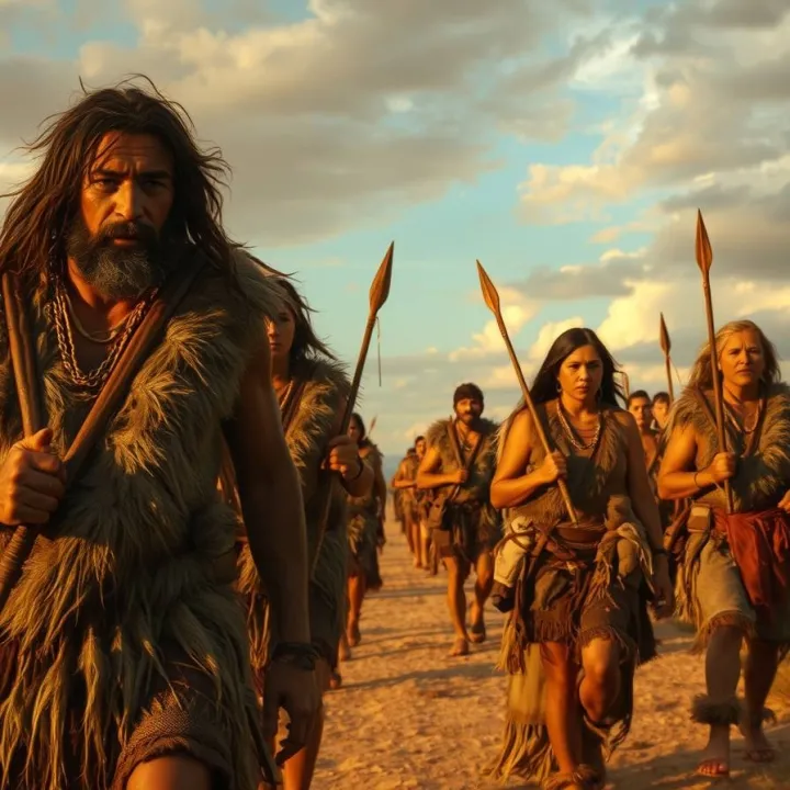 Realistic artistic image of early humans walking together across open land, symbolizing the dawn of human cooperation and the evolution of social complexity.