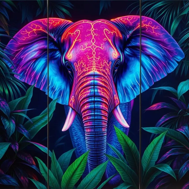 acrylic painting split A majestic elephant emerging from dense tropical foliage, illuminated by vivid bioluminescent light. The elephant
