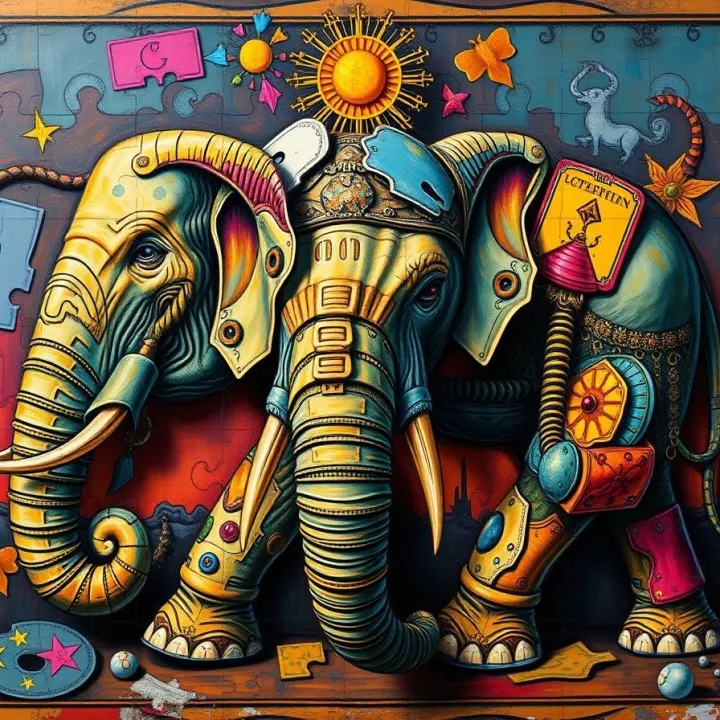 A classic oil painting of tarot cards forming an elephant puzzle, rendered in electric vivid colors with rich textures and visible brushstrokes