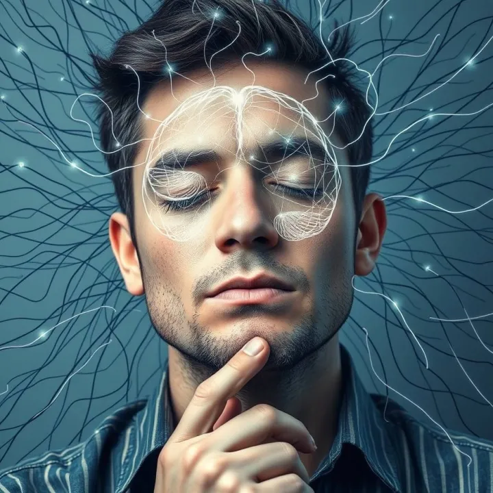 Man with neural network lines around head symbolizing innovation, cognition, and focused thinkingm cognitive overload