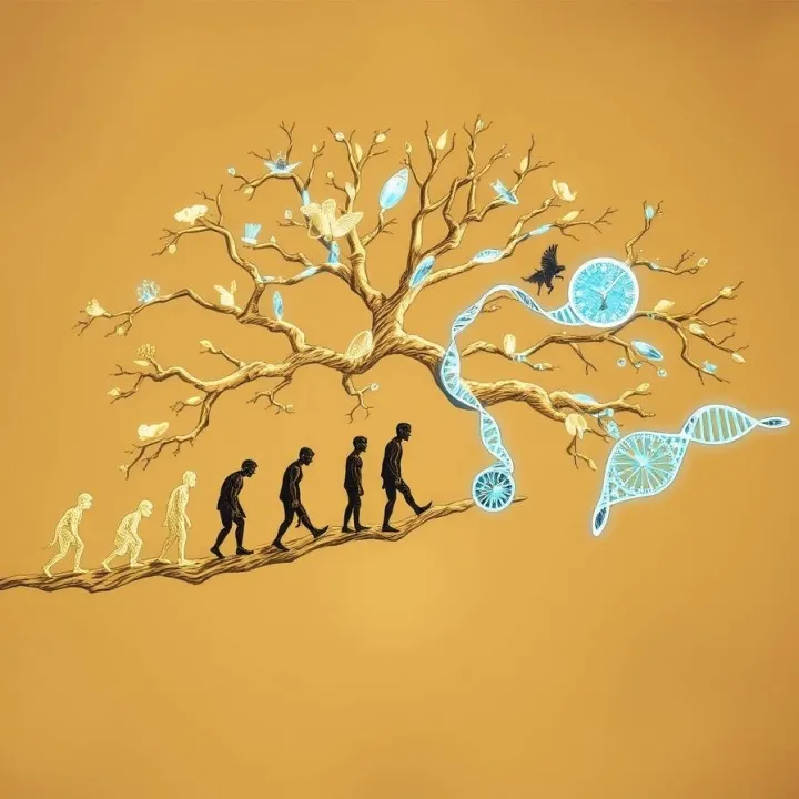 Surreal evolutionary timeline intertwining DNA with clock-like structures representing reproductive timing.
