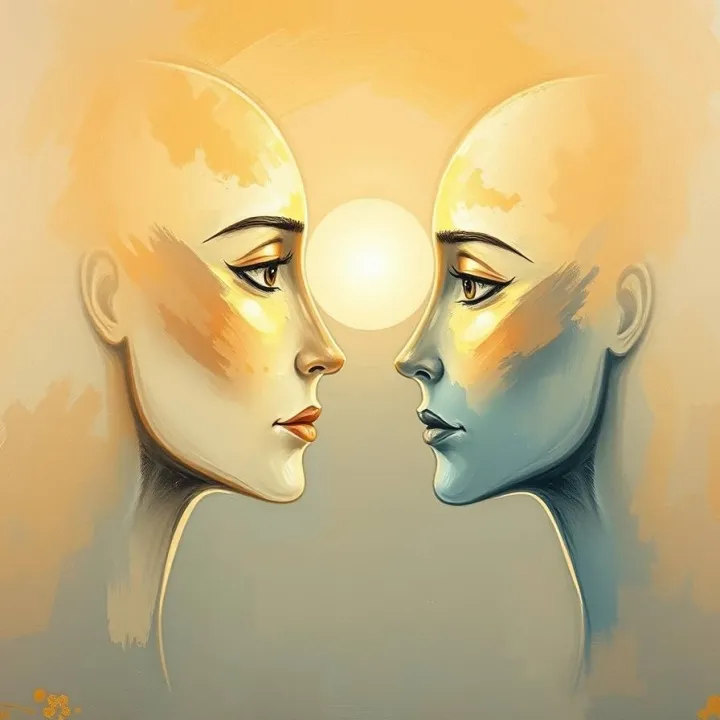 The Art of Explanation. Two human faces in profile, close together, illuminated by a glowing sphere of light symbolizing understanding.