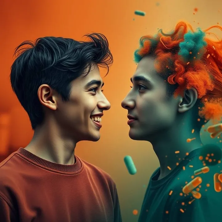 Conceptual portrait of two individuals with different emotional expressions, visualizing the contrasting impact of antidepressants on introverts and extraverts.