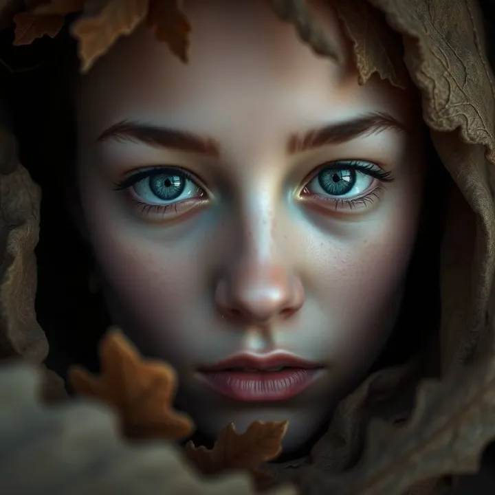Natural earth tones, woman face in the dark, black background, bright eyes, browns, beiges, muted colors, mystic enchanting environment, gentle color contrasts, dreamlike atmosphere, otherworld