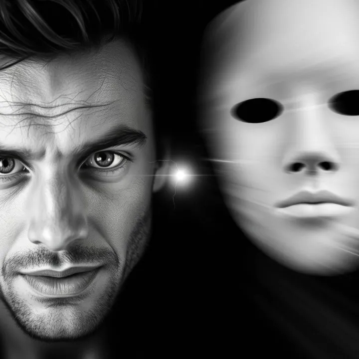 Realistic portrait of a man with intense, magnetic gaze beside a white, expressionless mask with hollow eyes - symbolizing contrasting attention to faces in ADHD and Autism.