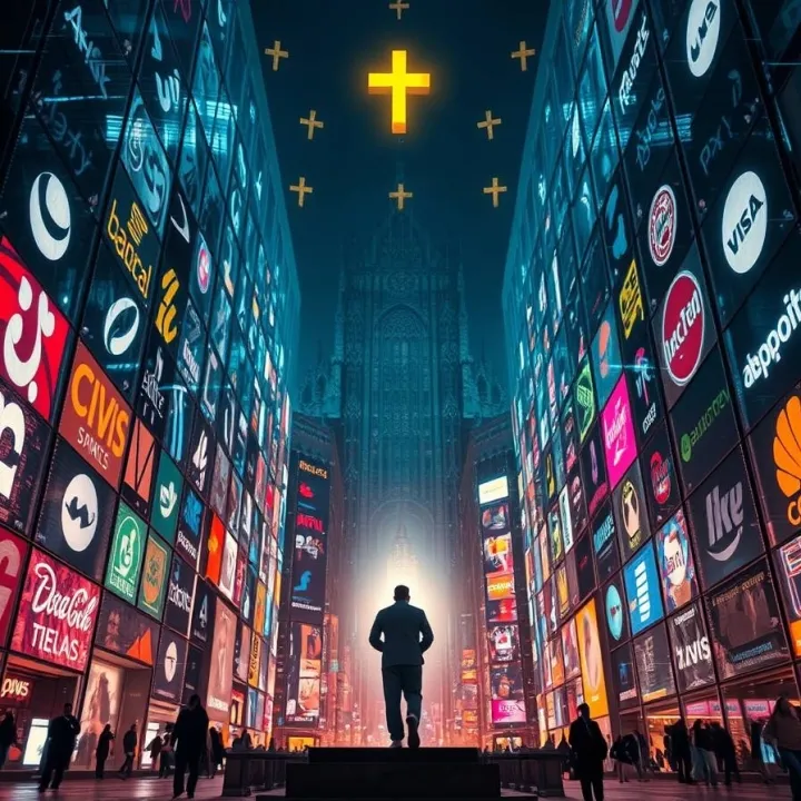 A modern cathedral built from glowing brand logos and glass screens contains a central human figure