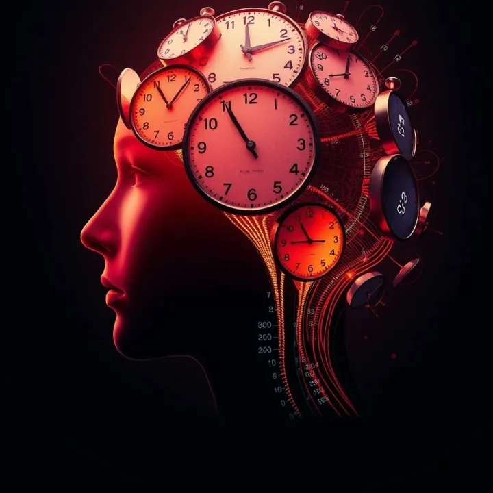 Illustration of warped neural clocks representing disrupted time perception in schizophrenia spectrum disorders.