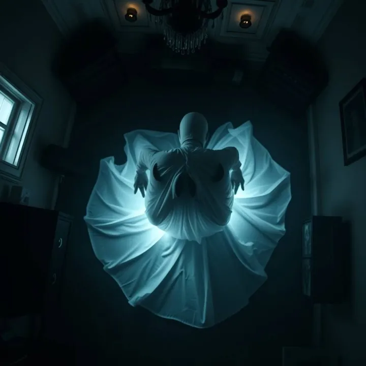 Glowing ghostly figure floating in a dark room with outstretched fabric-like form, eerie supernatural presence with cinematic lighting.