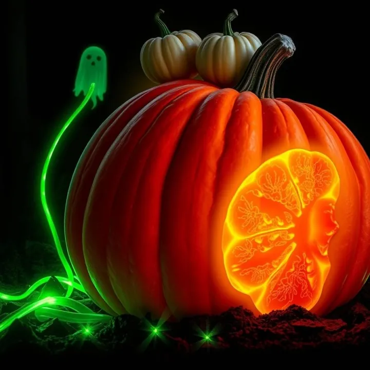 Halloween-inspired scientific illustration showing glowing pumpkin roots absorbing green toxic pollutants from the soil, symbolizing how zucchini and pumpkins accumulate dioxins through root proteins.