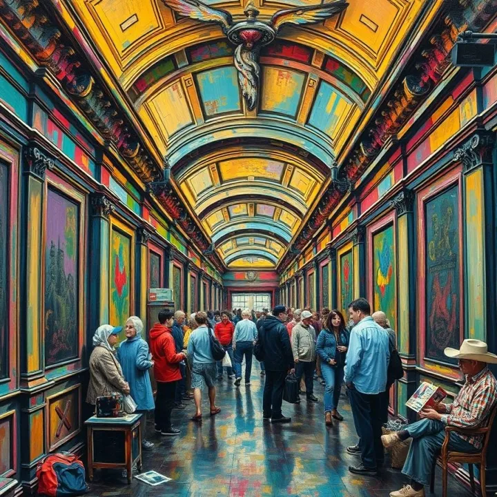 Colorful corridor filled with small groups of people clustering by similarity, symbolizing ingroup preferences and social segregation in neighborhoods and civic organizations.