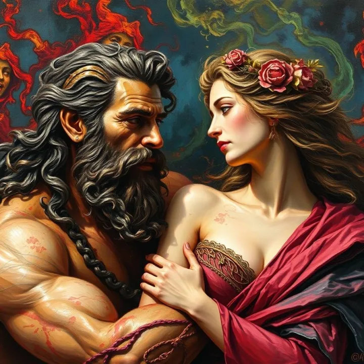 Oil painting, classic style, Hades and Persephone, electric vivid colors, rich textures, visible brushstrokes