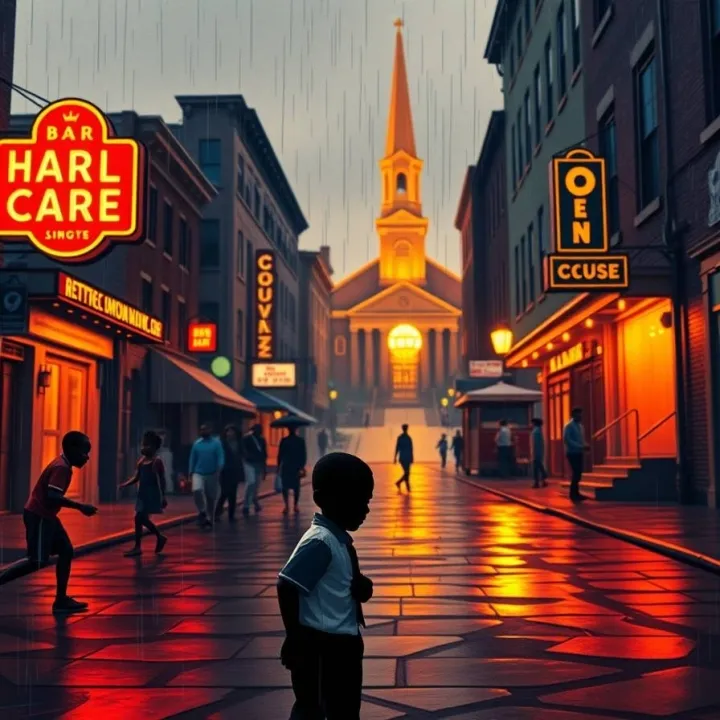 Intricate origami style Editorial illustration of a Harlem street at dusk in the 1940s, children playing stickball, neon bar signs glowing faintly, gospel light spill