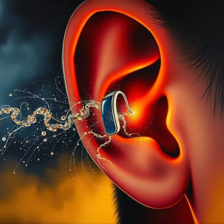Close-up ear with hearing aid and fading sound waves symbolizing hearing loss, emotional distance, and restored connection.