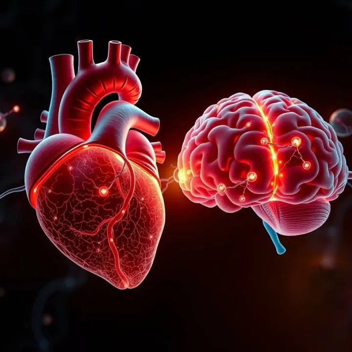 Illustration of interconnected human heart and brain showing neural and vascular pathways linking cardiac health to cognition.