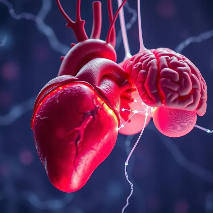 Medical artwork depicting a suspended heart and brain in space connected by neural threads, with soft electric waves, electric storm