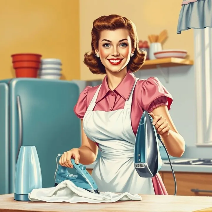 vibrant complimentary colors classic oil painting style Vintage 1950s retro illustration of a cheerful woman ironing clothes in a bright kitchen, pink blouse, white apron, neat hair.