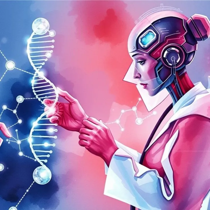 Conceptual image showing human scientist and AI agent analyzing DNA and molecular data together, connected by glowing neural and data circuits symbolizing collaboration between biology and artificial intelligence.