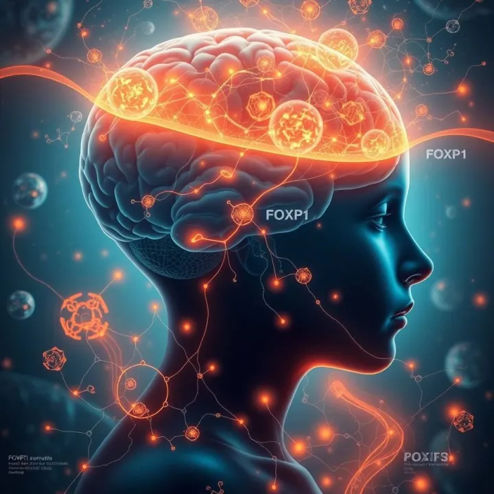Neural illustration of a developing human brain with FOXP1 pathways highlighted in glowing orange networks