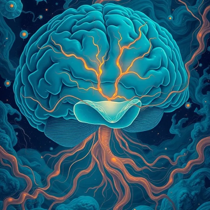 Illustration of the human brain showing glowing fluid pathways representing glymphatic clearance during sleep