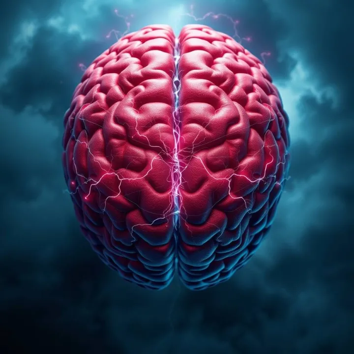 Brain illustration showing white matter pathways transmitting electrical signals during seizure-related network activity.