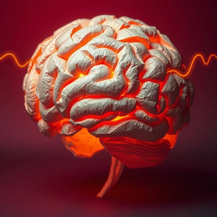 Glowing brain model with rhythmic waveforms illustrating neural activity and brain stimulation effects.