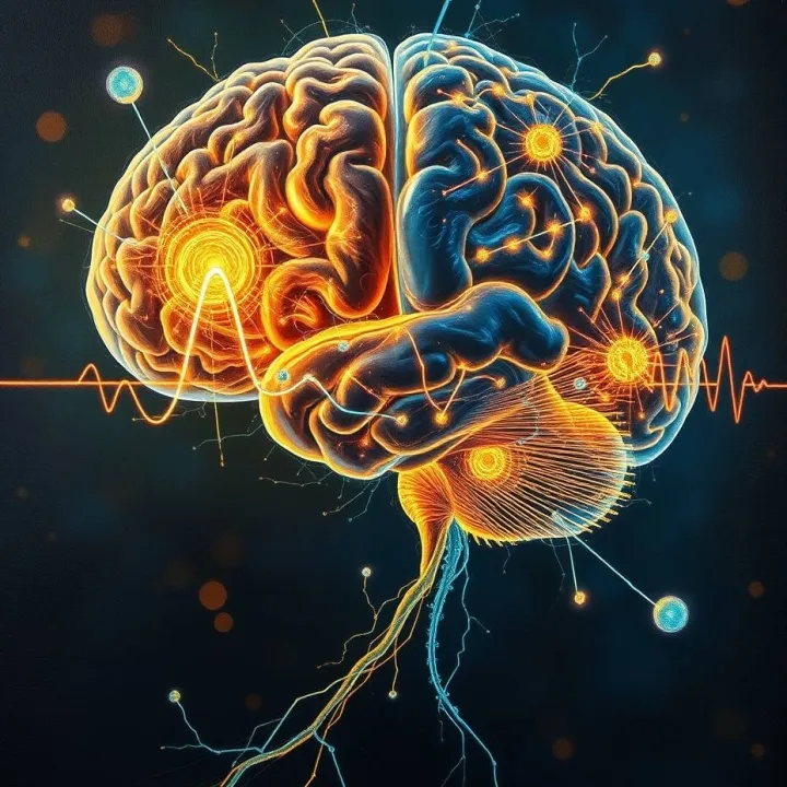 Distinct neural pathways showing emotion and reward prediction error signals in a conceptual EEG-inspired brain illustration.