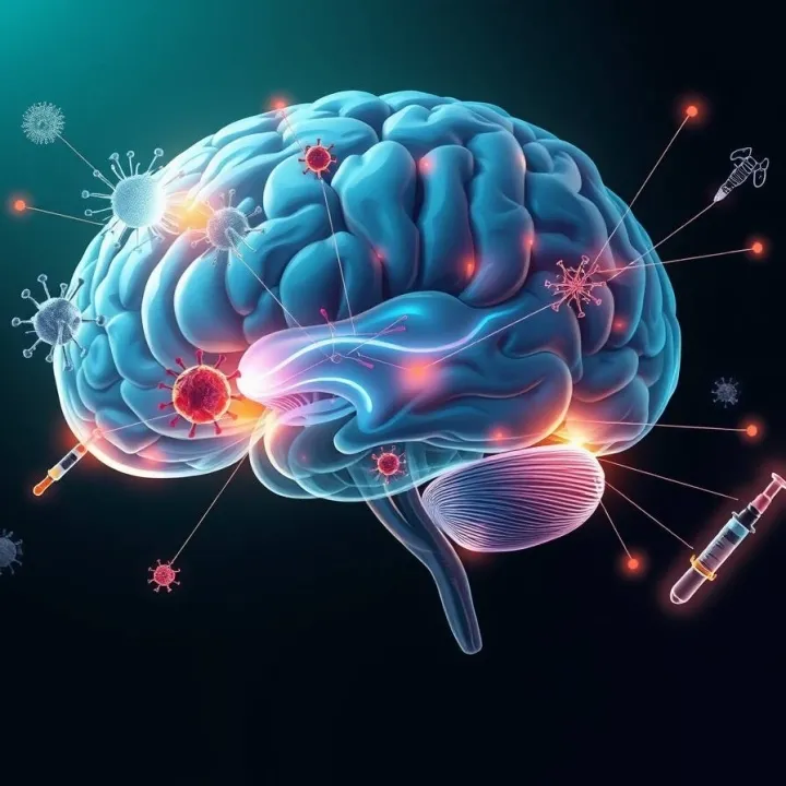 Digital sketch 3D scientific artwork of a semi-transparent human brain with glowing thalamus and brainstem. Mini-icons of diseases viruses, gene strands, neuron clusters, syringe.