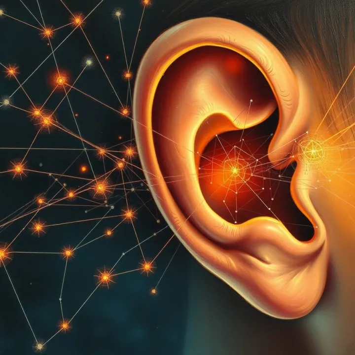 Surreal close-up of an ear with glowing neural connections symbolizing second-language listening and acoustic processing.