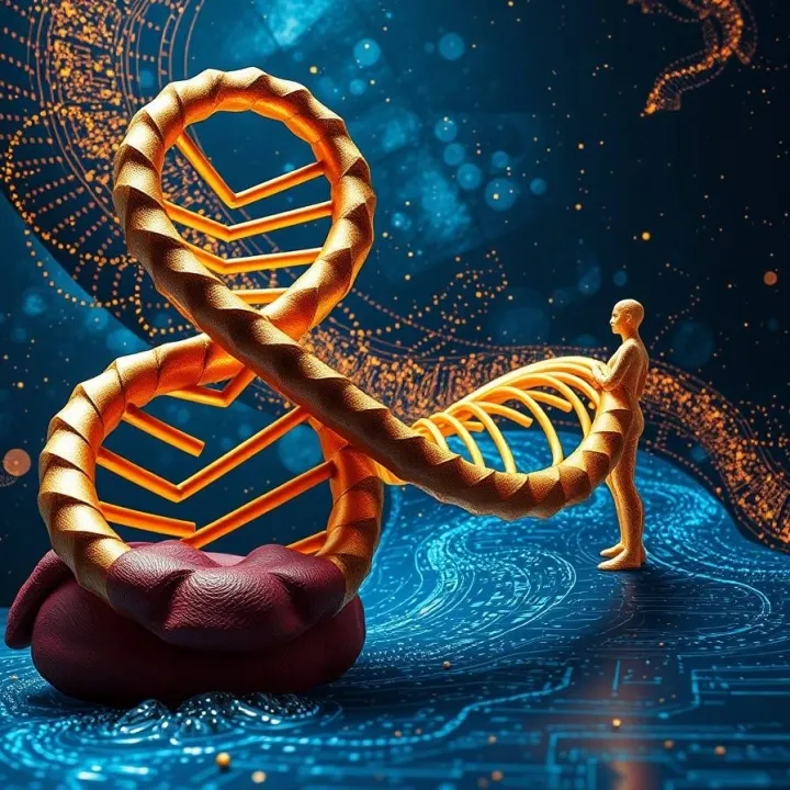 Golden double helix merging with data circuits and neural patterns, a translucent human figure, genome