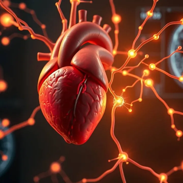 Heart and brain linked by glowing vessels symbolizing cardiac troponin and early dementia connection in long-term study.