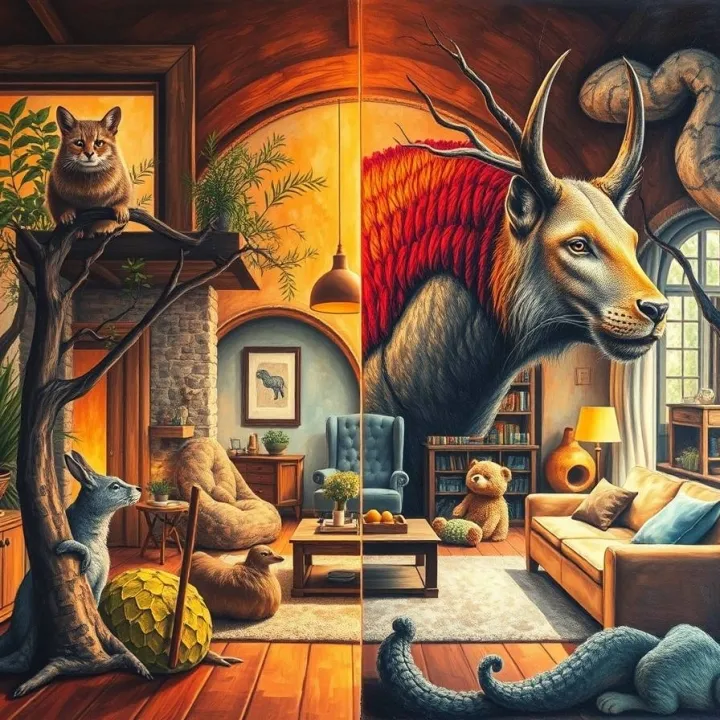 Illustration blending human homes with animal nests to show shared cognitive and behavioral structures of home