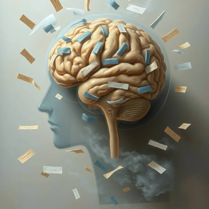 Illustration of a human brain surrounded by floating labels symbolizing the impact of psychiatric diagnosis and identity