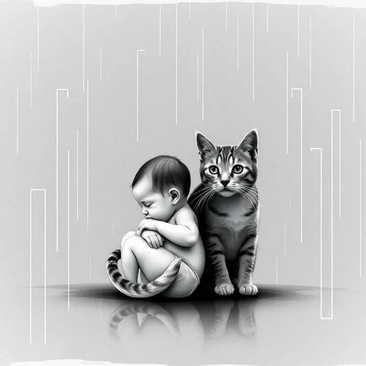 Abstract illustration comparing moral potential and capacities through overlapping human and cat silhouettes.