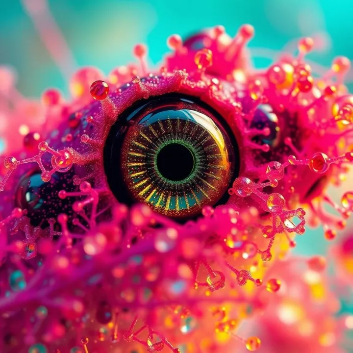 Extreme macro close-up, hyperrealistic Atlantis with vibrant, energetic colors, depicting a world of particles, fields, and spacetime equations alongside models of perception and intelligence