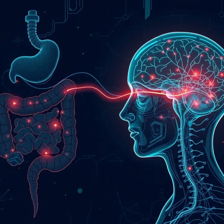 Futuristic sci-fi style illustration with eerie, creepy atmosphere and dark tones, depicting a stylized digestive tract with subtle glowing highlights representing IBD inflammation