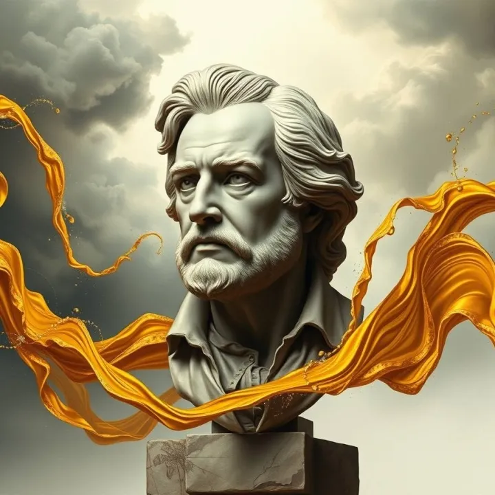 Classical Kant bust with two symbolic sound-wave streams representing beauty and sensory pleasure.