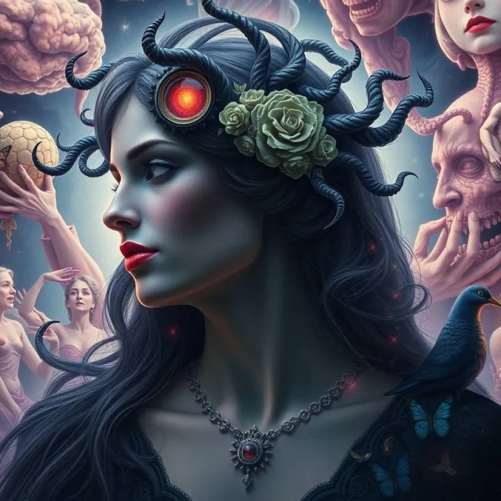 Jungian psychology with fantastical elements and bizarre scenes, depicted with grace, elegance, and refined features.